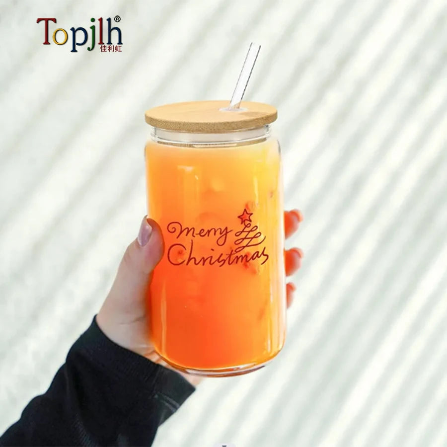 Topjlh Customized Printing 12oz 16oz Beer Glass Can Modern Sublimation Clear Frosted Glass Mug Bamboo Lid for Mother's Day