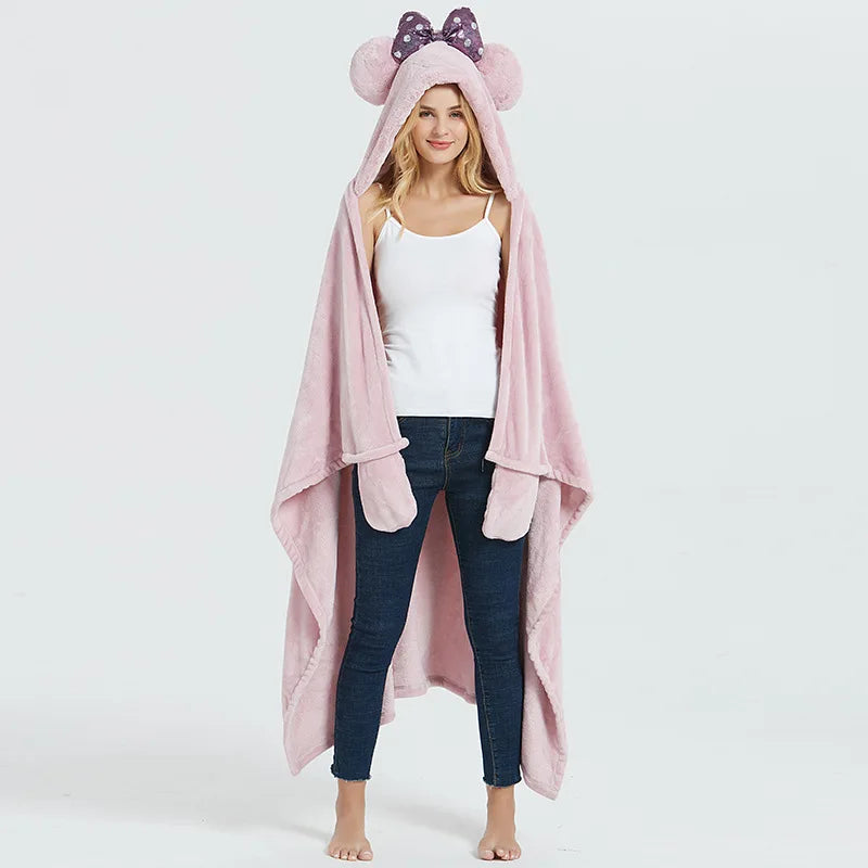 Y-Z Modern Quilted Spanish Home Soft Long Warm Cute Rabbit Cape Open Front Wearable Hooded Lazy Blanket Cloak