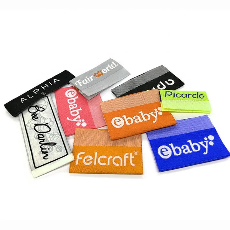 Custom Colorful Free Standing Label Holder Design Fancy Mattress Laser Cutting Trademark Embossed Woven Labels