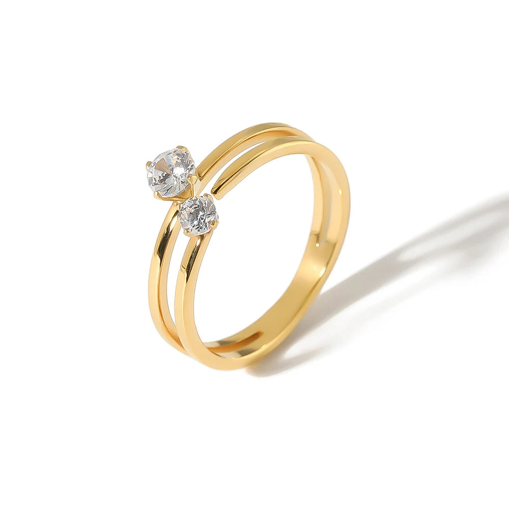 Dainty Customize Beautiful Stainless Steel 18K Gold Plated Double Layers Zircon Finger Rings Non Fading Jewelry
