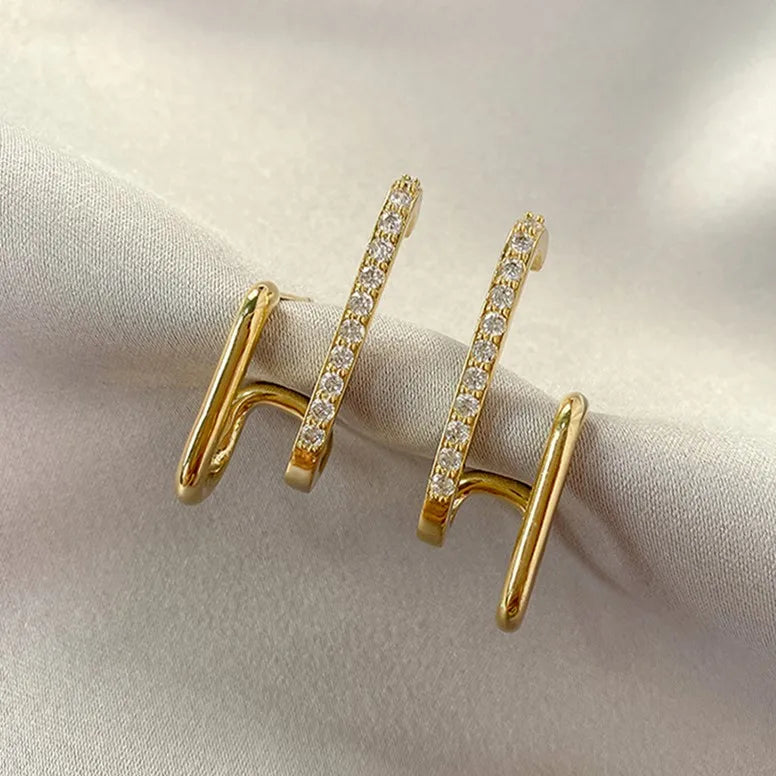 Huitan Wholesale Double Circle Gold Plated Jewelry CZ Stone Minimalist Double Layer Line C Shaped Geometric Earrings Studs