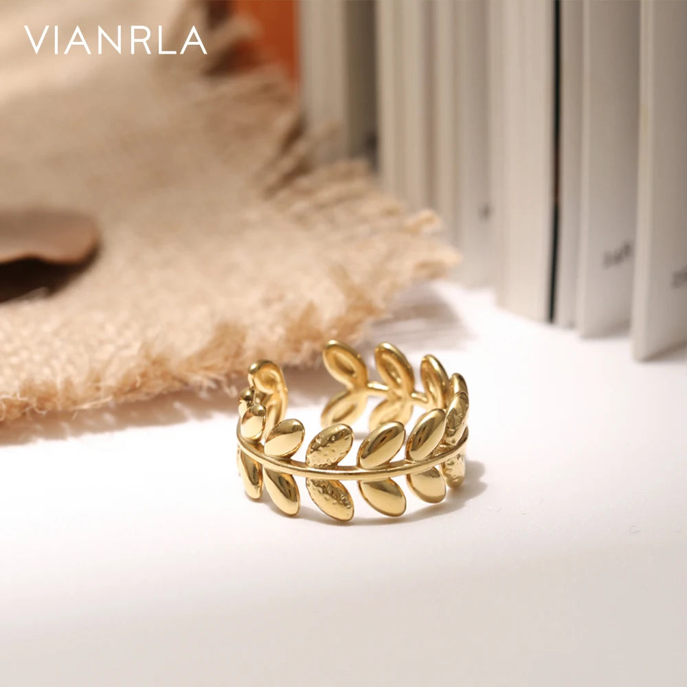 VIANRLA Stainless Steel Ring Jewelry Leaf Design Dainty Jewelry 18K Gold PVD Plated Free Laser Logo Drop Shipping