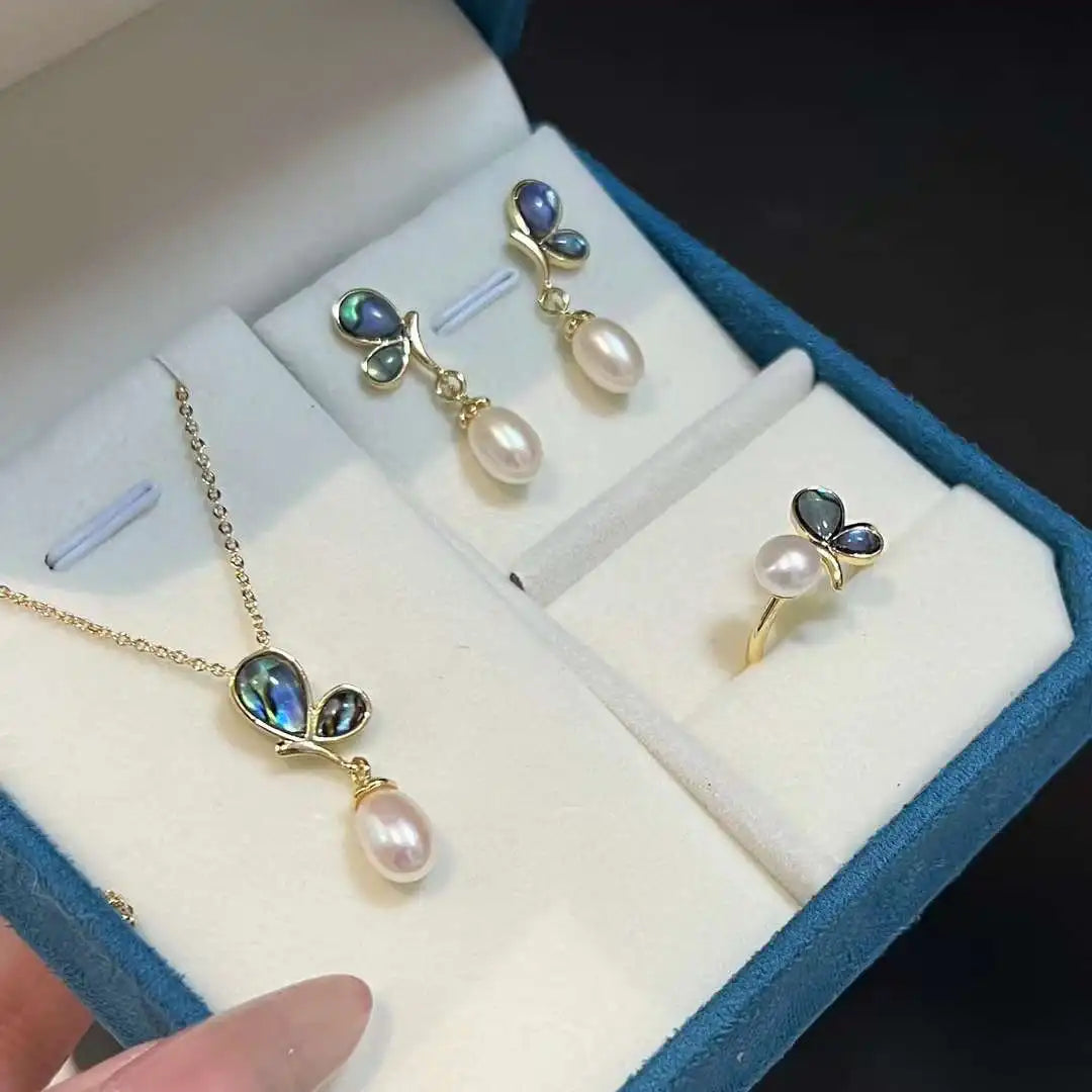 High Quality 6-7mm Natural Freshwater Droplet Pearl Necklace Earring Set New Gold Inlaid Abalone Shell Butterfly for Engagement