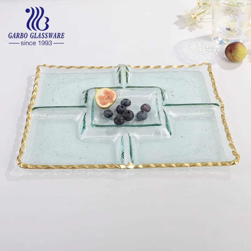 16.5 Inch Gold Rim Decorative Rectangle Fruit Glass Plate Charge Plate with Divider