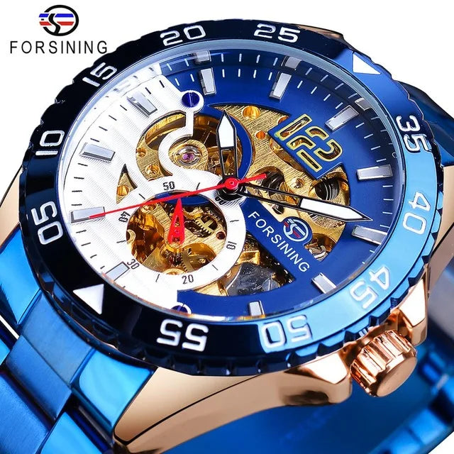 Forsining Luxury Automatic Watch Skeleton Stainless Steel Transparent Mechanical Watches Sport Waterproof Mens Fashion Wrist