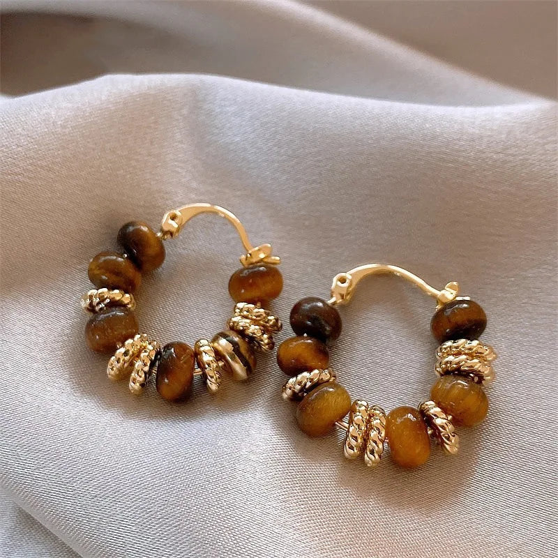 Meetyoo Alloy Women's Fashionable Tiger Eye Stone Hoop Earrings Trendy Not Fade Low Allergy Environmentally Friendly Earring