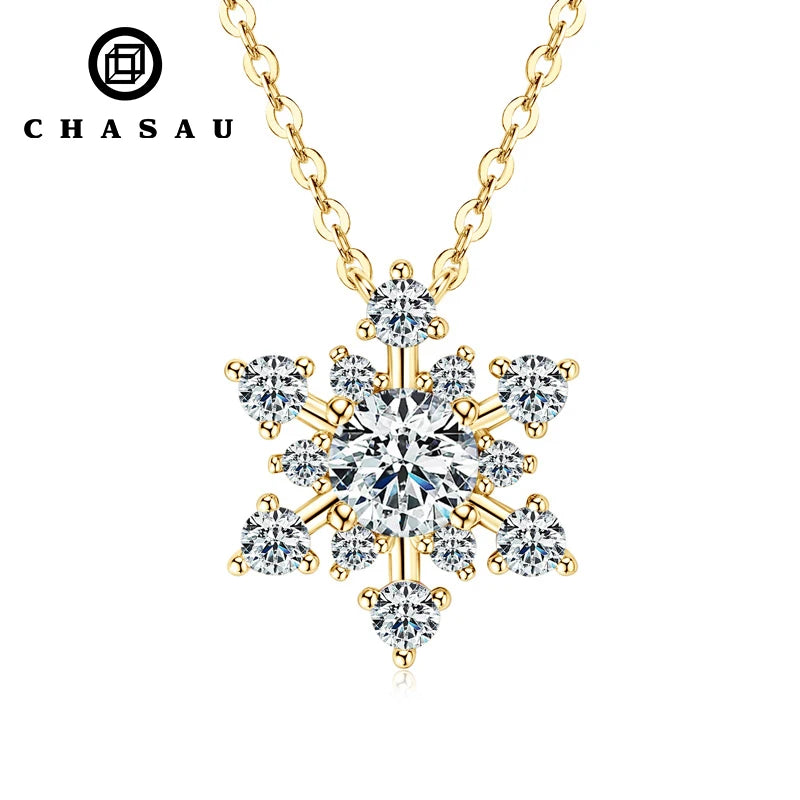 Christmas Gift 14k Gold Plated 925 Sterling Silver GRA 6.5mm&3mm&2mm 4 Claw 3 Prong Moissanite Snowflake Pendant Necklace