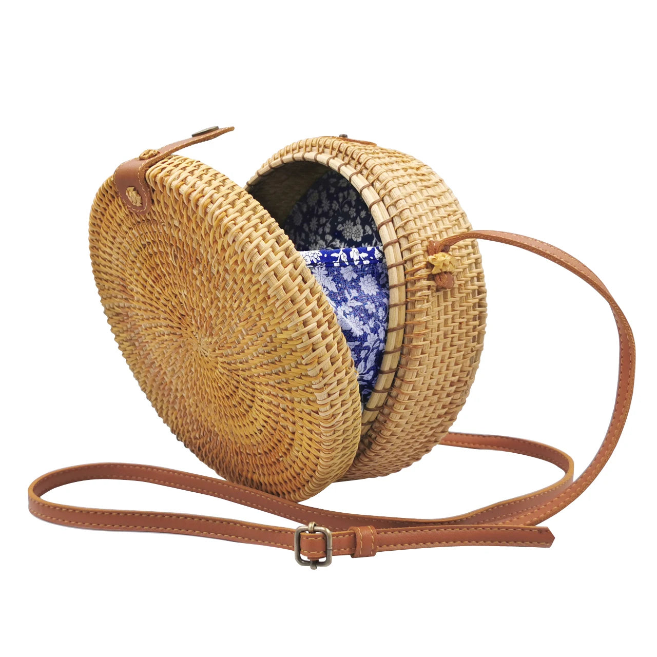Handwoven Round Rattan Bag for Women Bali Ata Straw Bags Adjustable Shoulder Leather Straps Vine Weaving Crafts