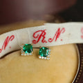Vintage Elegant Fashion Gold Plated Pure 925 Sterling Silver Green Zircon Square Shape Stud Earrings for Women Girls