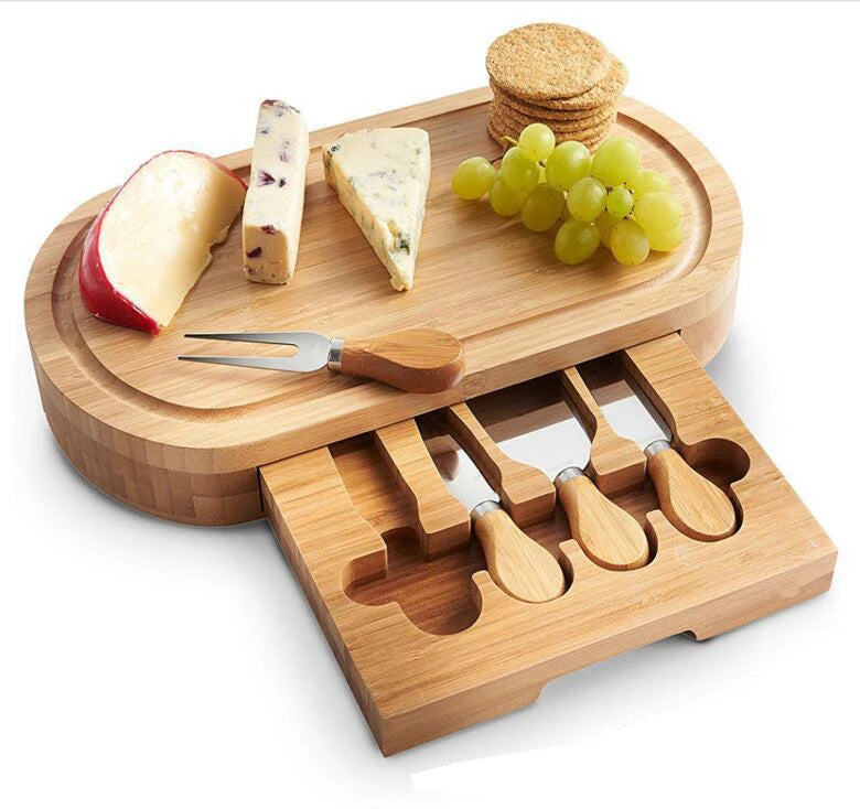 Customizable Mini Rectangular Bamboo Cheese Board with 4-Piece Cutlery Set Wood Platter Hidden Cutlery Drawer for Cheese Pizza