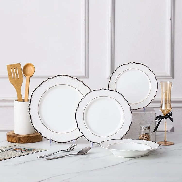 Factory Direct Sale Luxury Hotel White Ceramic Porcelain Modern Dinnerware Sets Food Contact Safe for Party Stocked