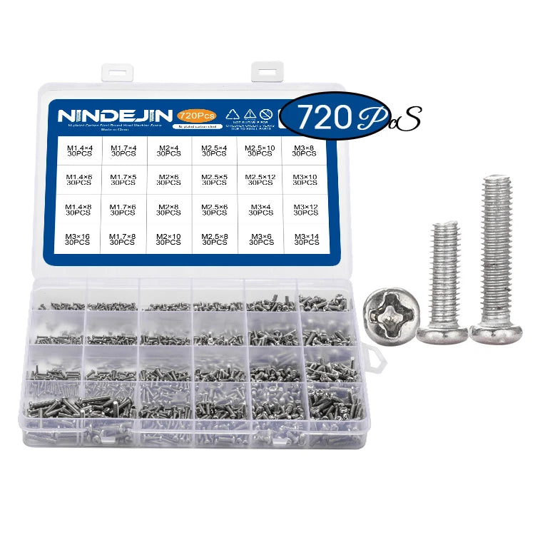 720PCS M1.4 M1.7 M2 M2.5 M3 Phillips Head Laptop Screws Kit Spot Carbon Steel Metric System Pan Head Machine Screws Assortment
