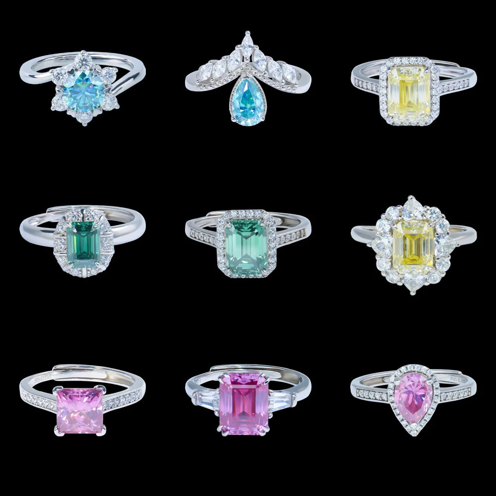 925 Silver Bling Engagement Green Yellow Blue Pink Pear Emerald Princess Heart Diamond Mossanite Moissanite Rings for Women