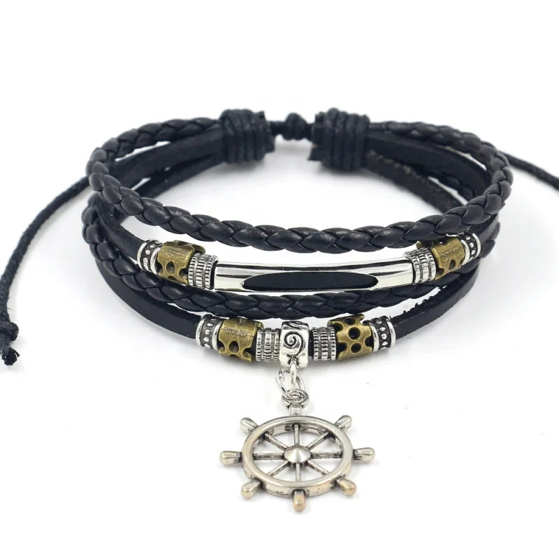 Adjustable Size Multi-layer Leather Alloy Anchor Rudder Pendant Woven Bracelet for Men