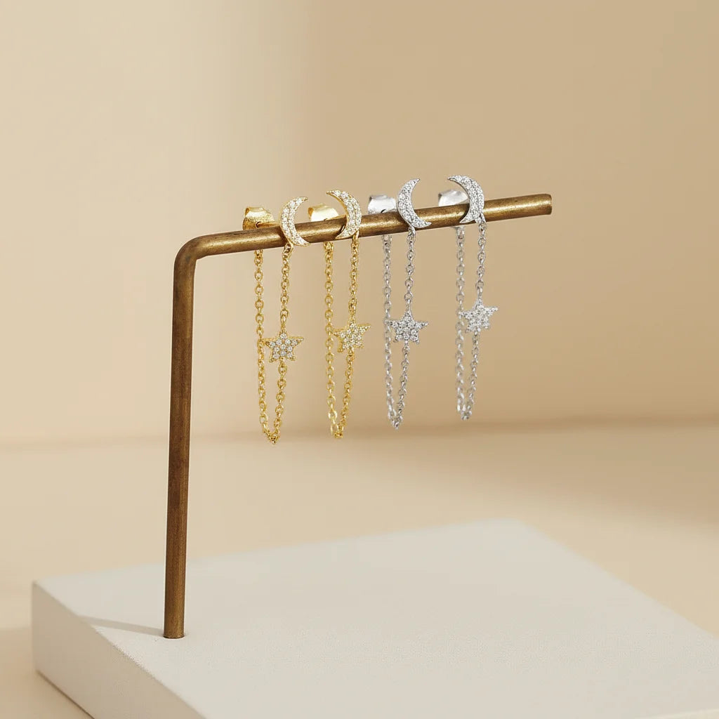 FUAMAY 77mm Long Silver Chain Earrings 18K Gold Plating Pave Diamond Moon Star Design Main Stone Zircon Sterling Silver Jewelry