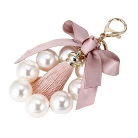 Cute for Bag Pendant Charms Key Ring Gift for Birthday pink Bow Key Chain Pearl Chai and Tassel Kawaii Key Chains Scarf Keychain
