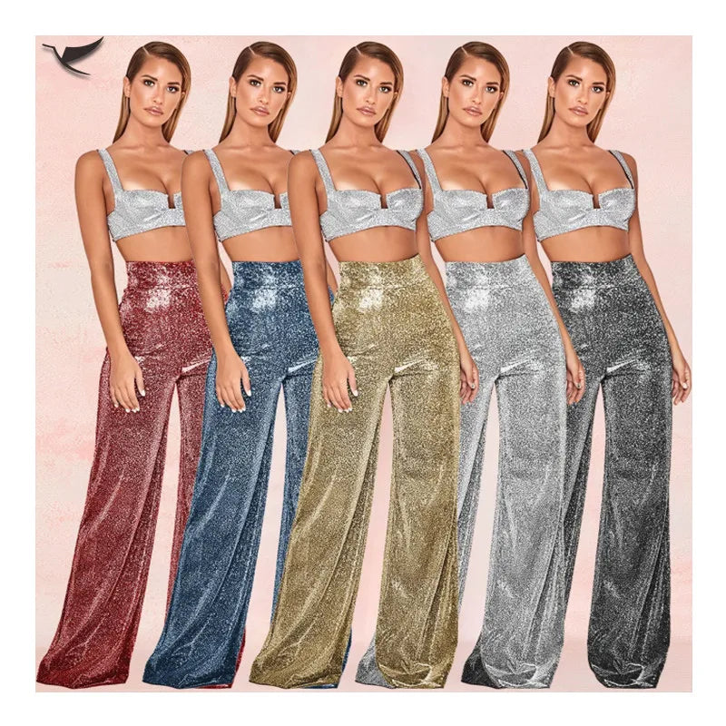 Trendy High Waist Women Glitter Shiny Glitter Sequins Wide Leg Pants