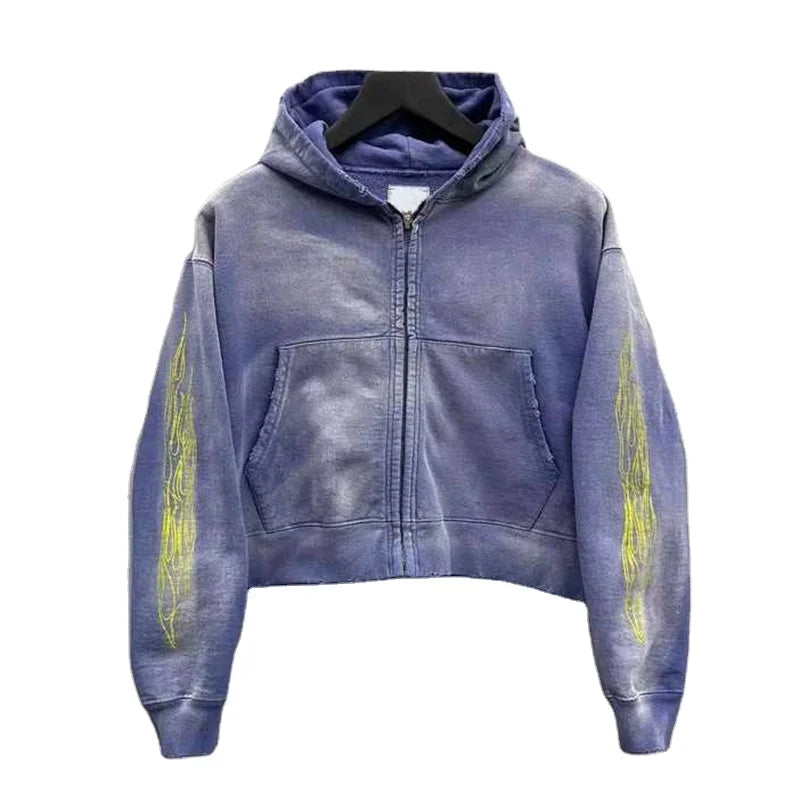 YSJY Clothing Manufacturers Custom Hoodie Distressed Zipper Tracksuit Acid Wash Sweatpants and Hoodie Set Men