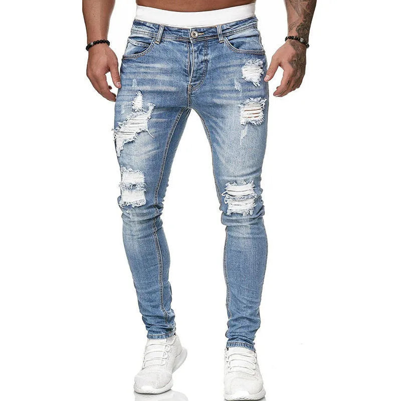 Wholesale Men's Cotton Stacked Ripped Skinny Denim Jeans Pants