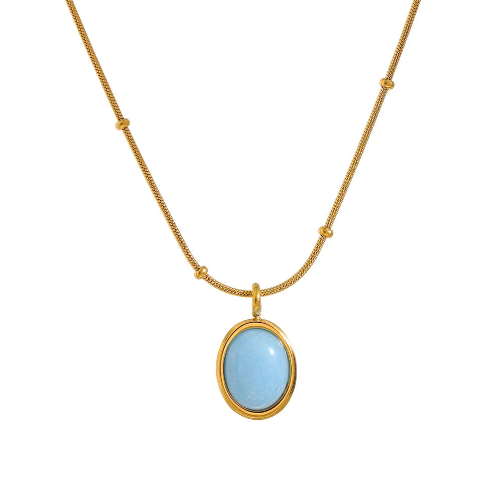 Nabest Women Oval Gemstone Pendant Necklace Stainless Steel Golden Tarnish Free Vintage Necklaces Jewelry