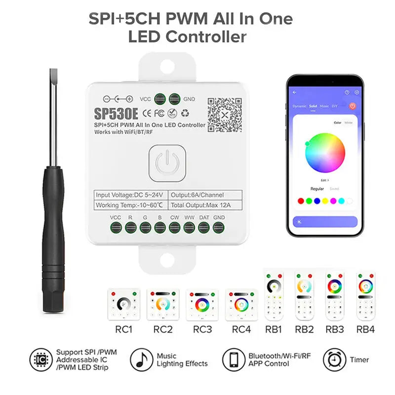 DC5V~24V SPI+5CH PWM All in One Bule Tooth WiFi LED Controller for 12 Types LED Strip Lights