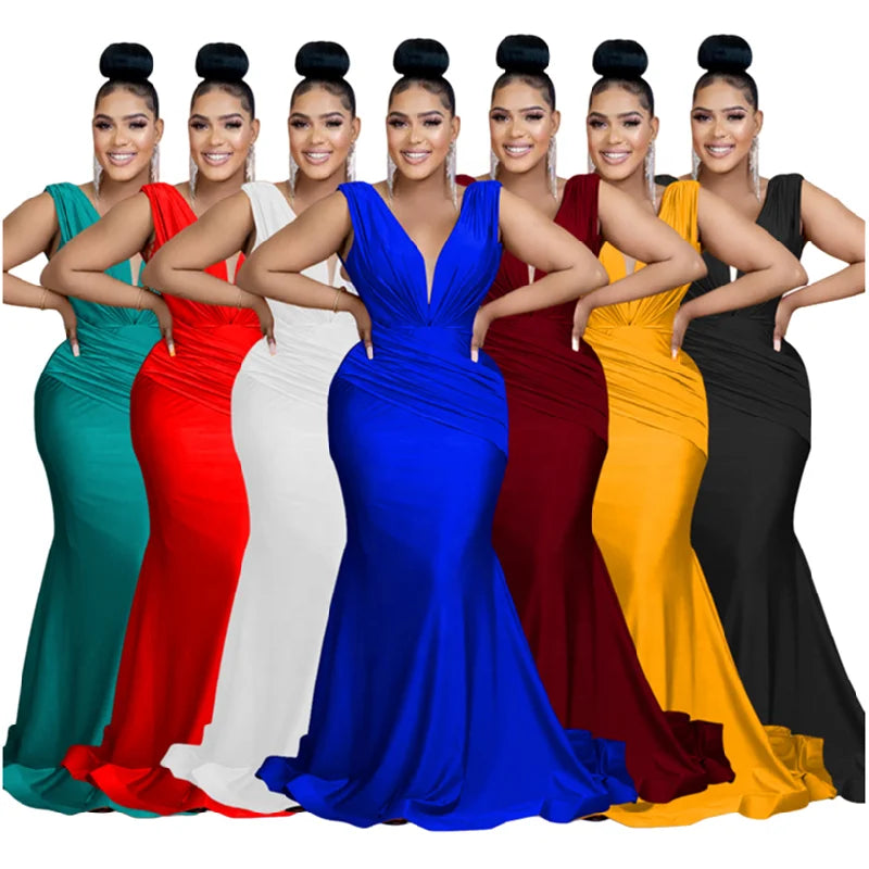 C6357 Latest Design Gowns for Women Evening Dresses Solid Color V-Neck Sleeveless Ruched Long Dresses Women Prom Dresses 2023