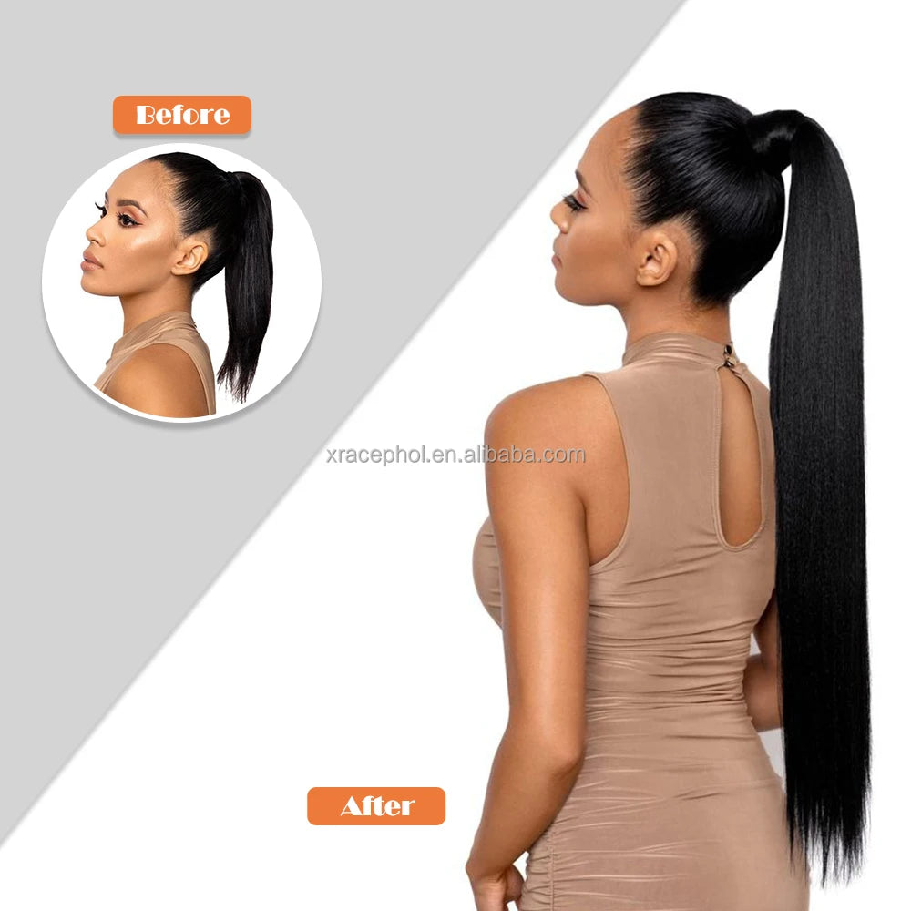 Wholesale 34\" Long Silky Straight Synthetic Heat Resistant Ponytail Extensions Women's Hairpiece Wrap Silky Straight Ponytails