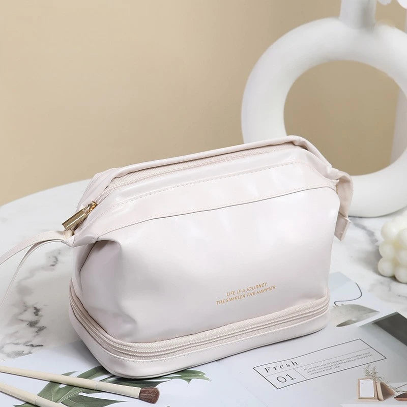 Customizable Double-Layer PU Leather Cloud Makeup Bag High-Capacity Waterproof Travel Toiletry Organizer Stylish and Portable