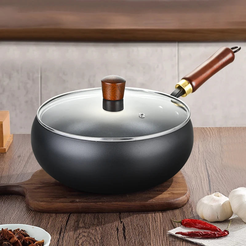 New Design Non Stick No Coating Carbon Steel Wok With Glass Lid Kitchen Cooking Iron Big Belly Fry Wok Pan Wajan Kuali