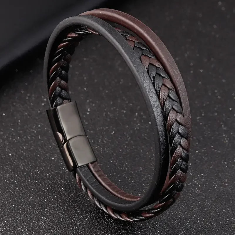 Mixed Color Leather Bracelets 3 Layers Good Quality Genuine Leather Braided Multilayer Black Brown Leather Bracelet OT-083