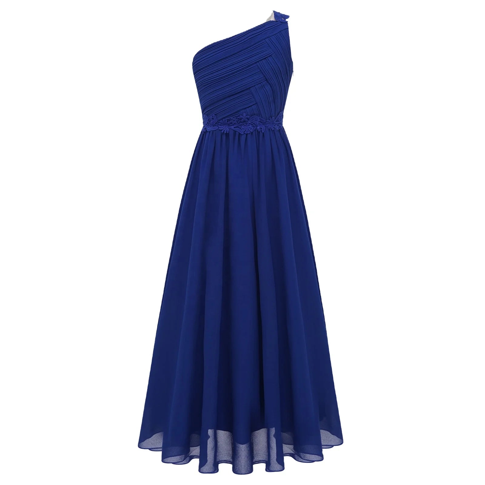 Kids Girls Solid Elegant One Shoulder Party Wedding Dress Lace Flattering Ruched Chiffon Evening Dress