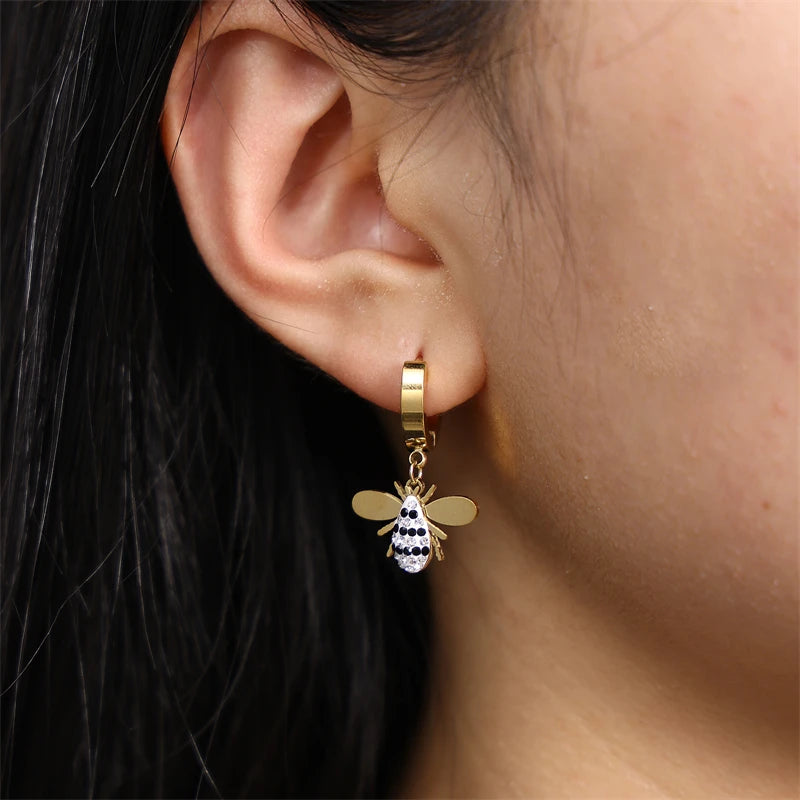 Ladies Stainless Steel Electroplated 18K Gold Bee Earrings Crystal Bee Earring
