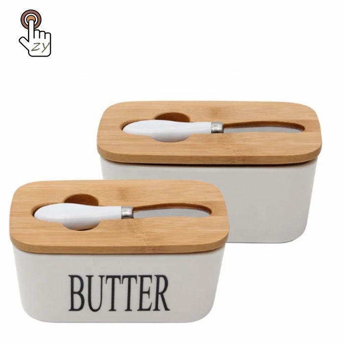 White Rectangular Ceramic Butter Lunch Box Container Ceramic Airtight Bowl Dishes With Spatula