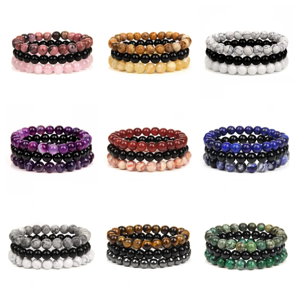 Wholesale Fashionable Ball-shaped Natural Birthstone Bracelet Set Trendy Red Agate Lapis Jade Beads Amethyst String