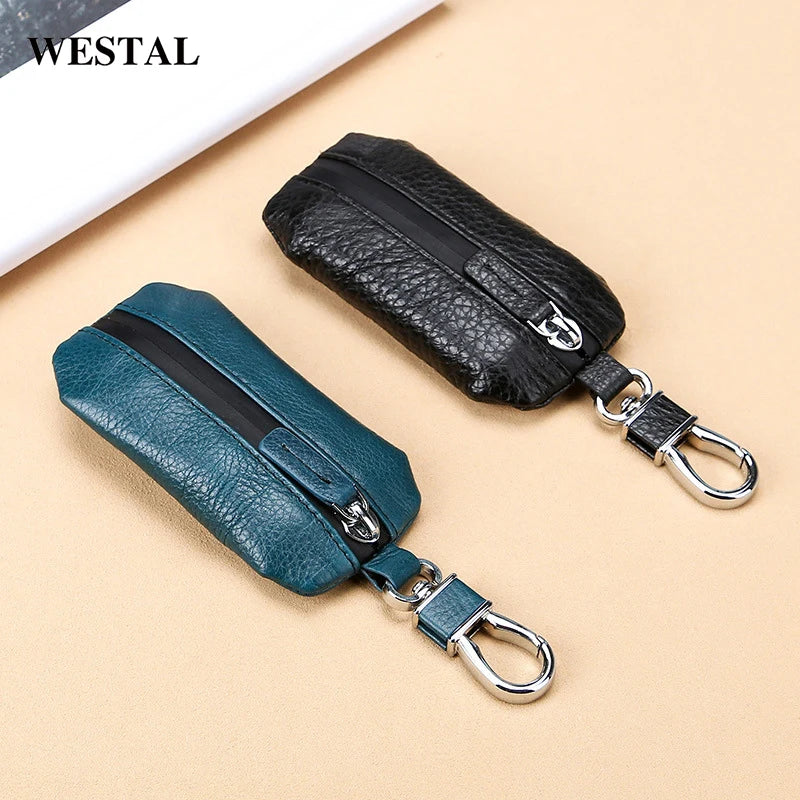WESTAL Women Men Genuine Leather Waterproof Zipper Car Universal Key case Wallet Car Key Wallet