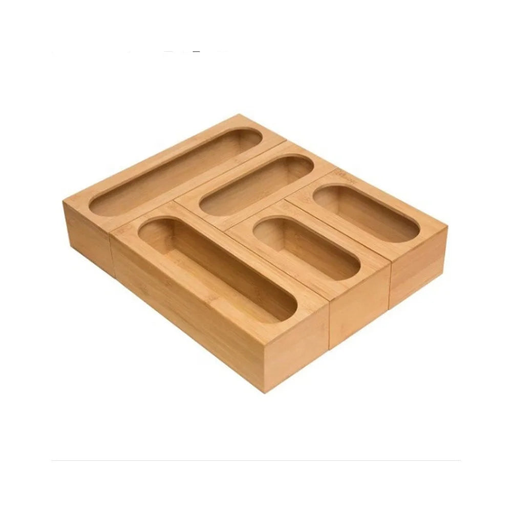 Set 5 Bamboo Ziplock Bag Storage Organizer Kitchen Aluminum Dry Storage Holder Lacquer Finish Rectangle  Shape Food  Bag  Box