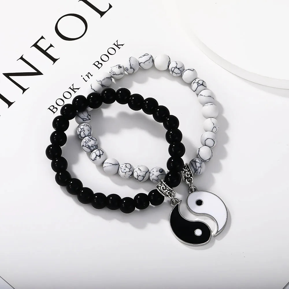 Turquoise White and Black Beads Yin Yang Taichi Charm Taiji Bagua Couple Bracelets Set