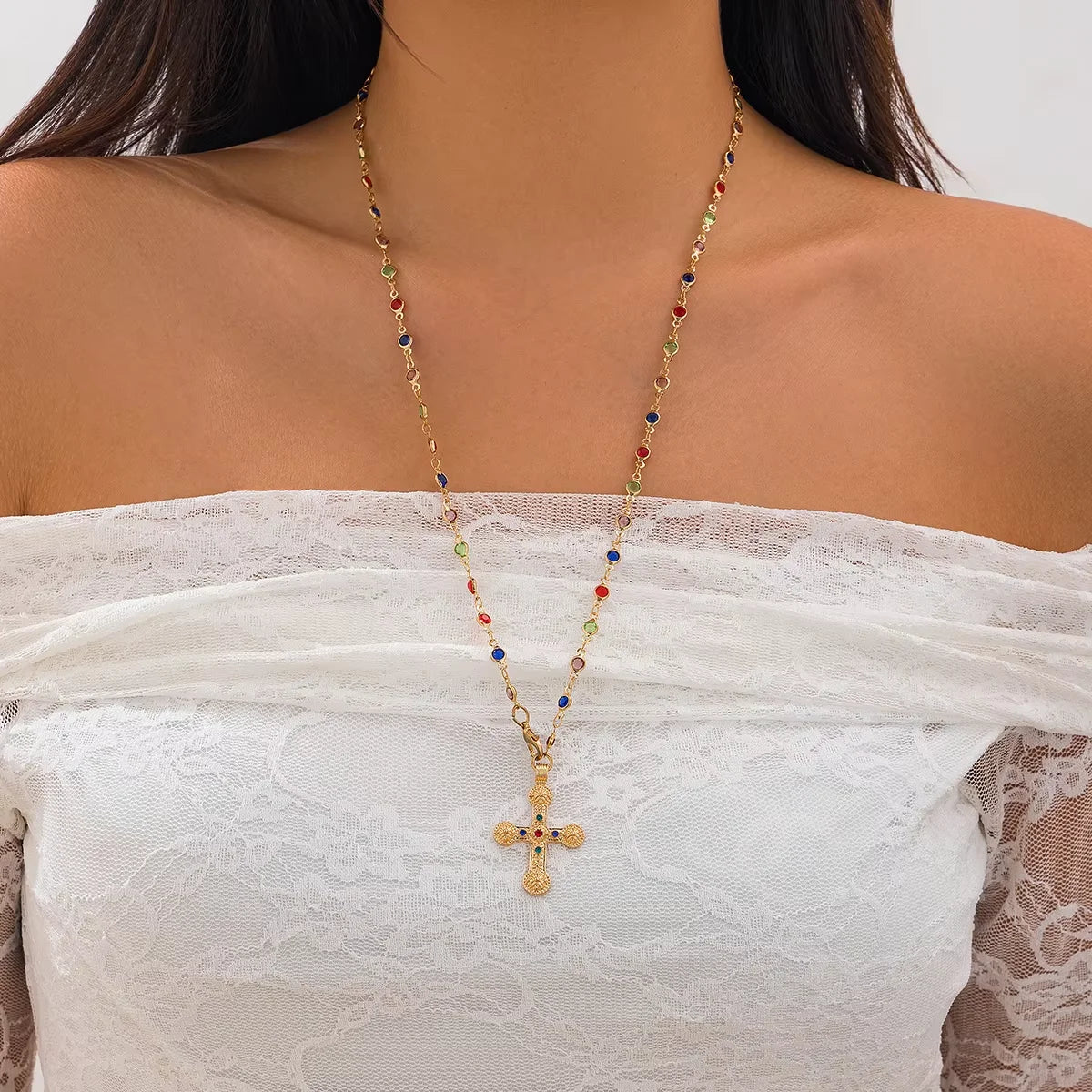 Fashion Cross Pendant Colorful Crystal Necklaces for Women Handmade Rainbow Colors Thin Chain on Neck Female Jewelry Party Gifts