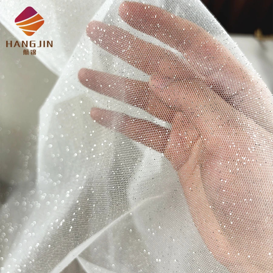 Luxury Shining Silver Sequins Powder Spraying Glued Glitter White Tulle Fabric Lace Ivory Shimmer Mesh Fabric for Wedding Dress