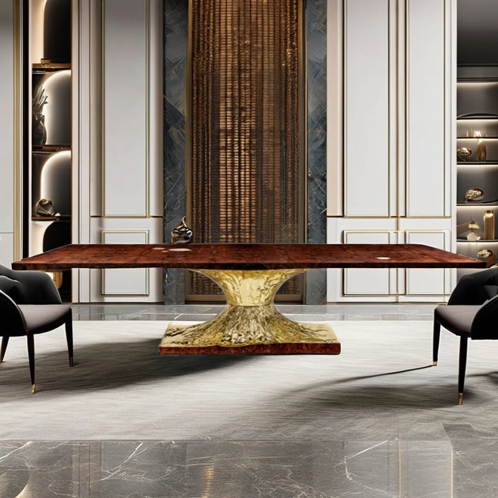 High-End 12-Seater Solid Wood Dining Table Set Hand-Drawn Polished Luxury Copper Table Modern Villa Furniture for Dining Room MegaBDM