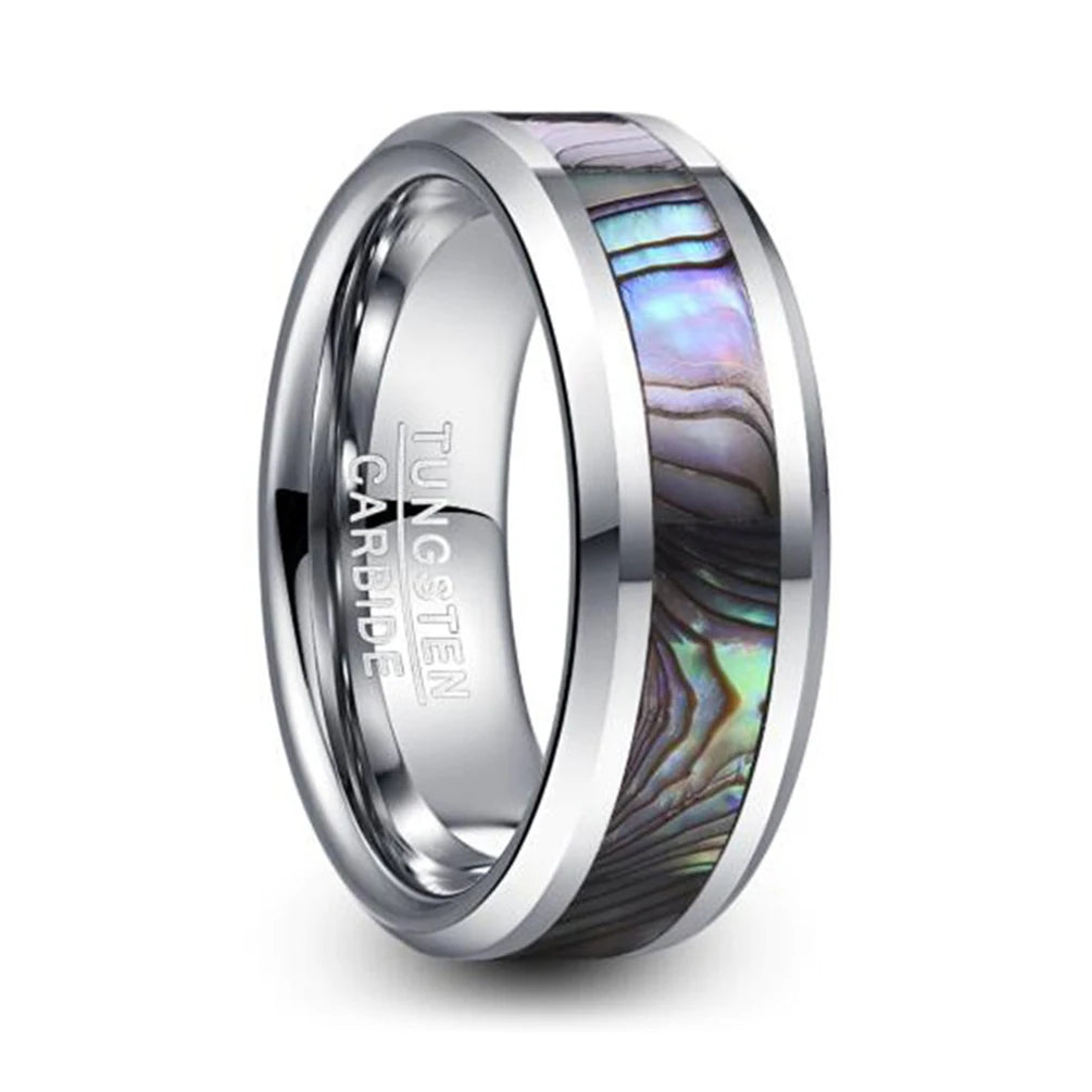 8MM High Polish Abalone Shell Inlay Silver Color Tungsten Wedding Rings for Men Wholesale
