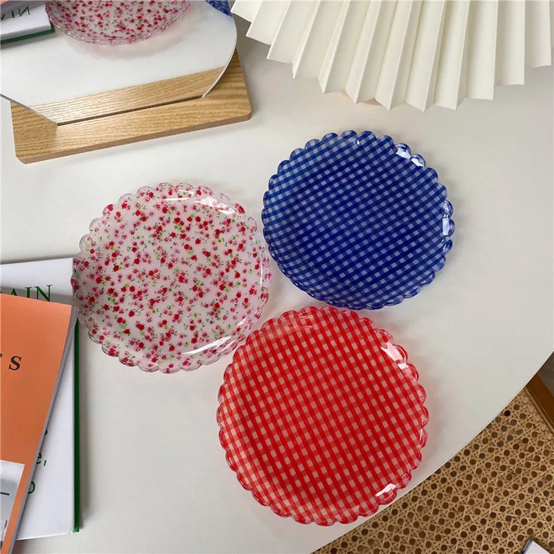 Solhui French Girl Plaid Floral Plastic Dish Dessert Plates Photo Props Decorative Plate for Party