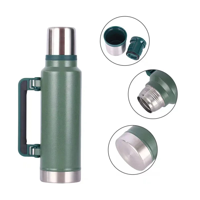 1000ml Classic Vacuum Insulated Wide Mouth Travel Green Bottle 18/8 Stainless Steel Thermos Flask Cup Keep Hot Cold
