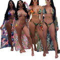 Women Low Waist 3Pcs Swim Suit Padded Bikini Set Swimsuit+Swimwear Cover-Ups Beach Dress Floral Printed Beachwear Suit