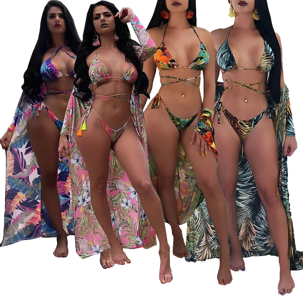 Women Low Waist 3Pcs Swim Suit Padded Bikini Set Swimsuit+Swimwear Cover-Ups Beach Dress Floral Printed Beachwear Suit