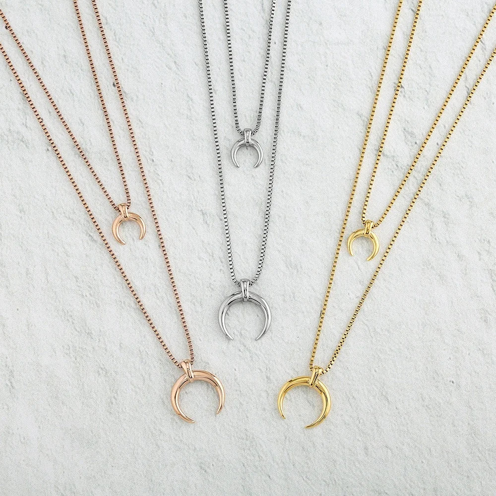 2025 Vintage Double Moon Pendant Necklace for Women Stainless Steel Gold Plating Link Chain Fashionable Layered Jewelry Gift