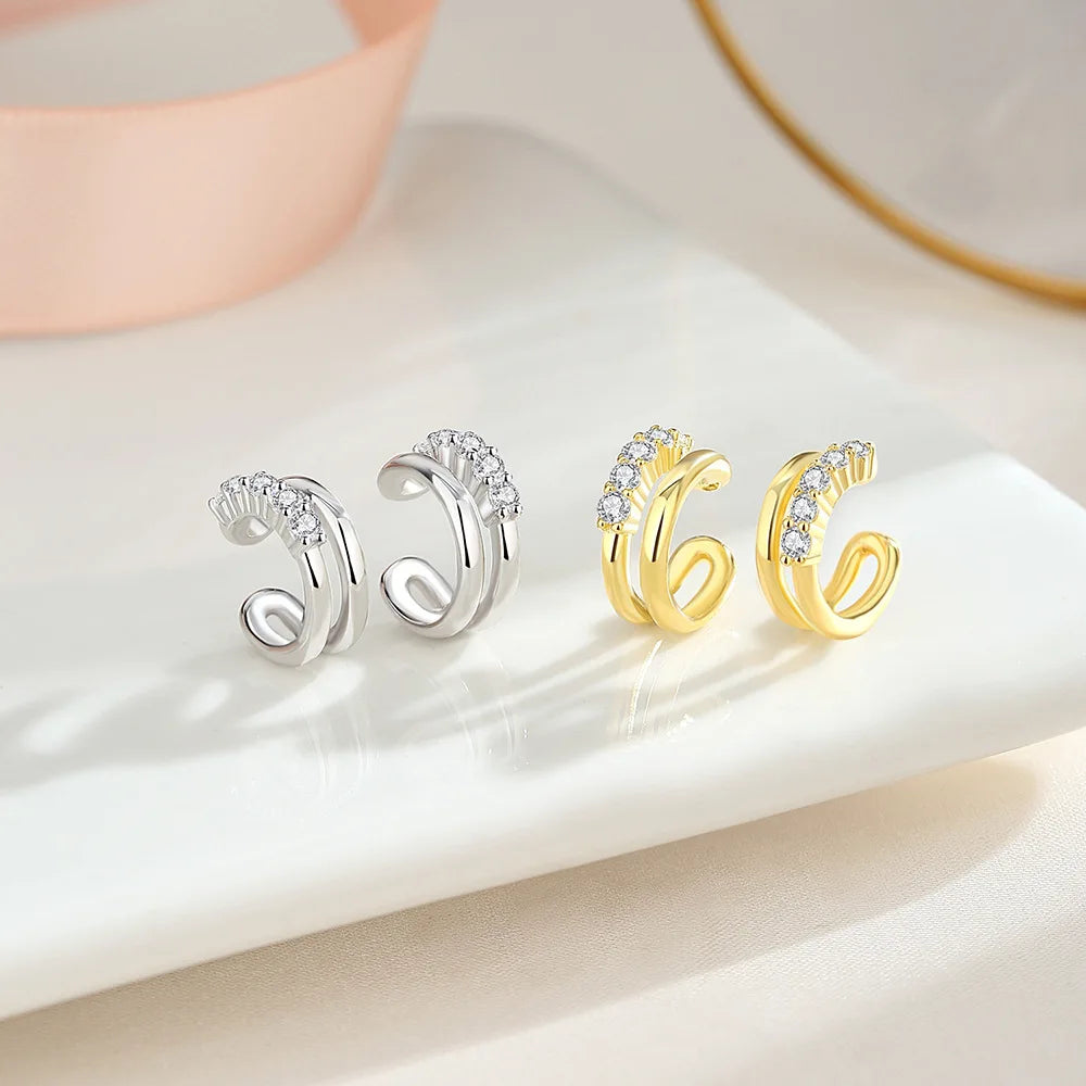 Fashion Jewelry 925 Silver Earrings Jewelry Women 925 Sterling Silver Double Lay Clip on Ear Cuff Earrings Non Piercing Jewelry