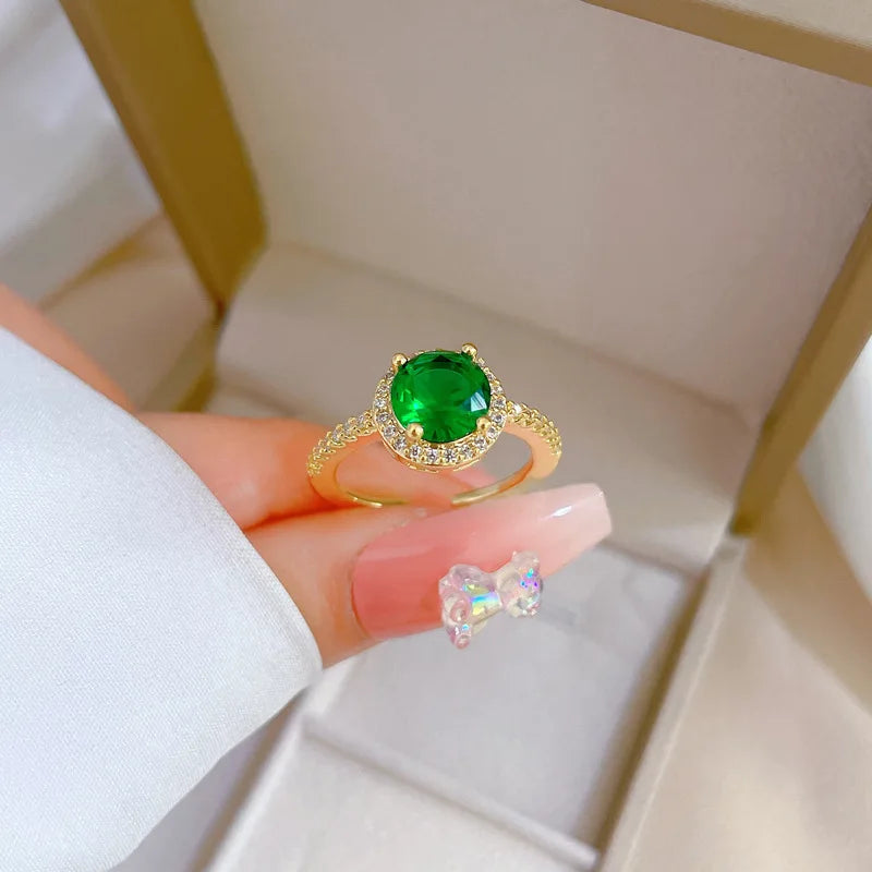 Fashion Jewelry Claw Setting Ruby Emerald Round Open Ring Resizable Glitter Cubic Zirconia Geometric Ring for Women Gift