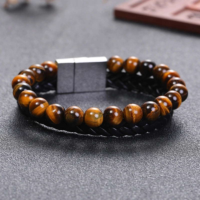 8mm tiger Eye Beaded Natural Stone Leather Stainless Clasp Bracelet ST181
