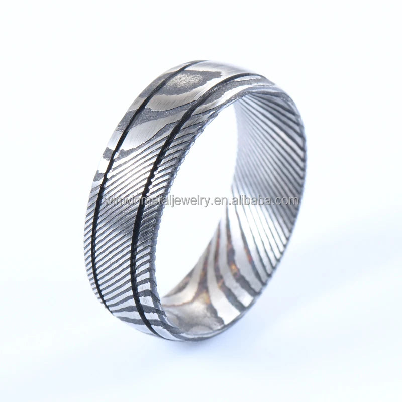 Unisex 8mm Damascus Steel Ring Black Double Groove Engagement Wedding Band Diamond Comfort Fit Men's Religious Parties Vintage
